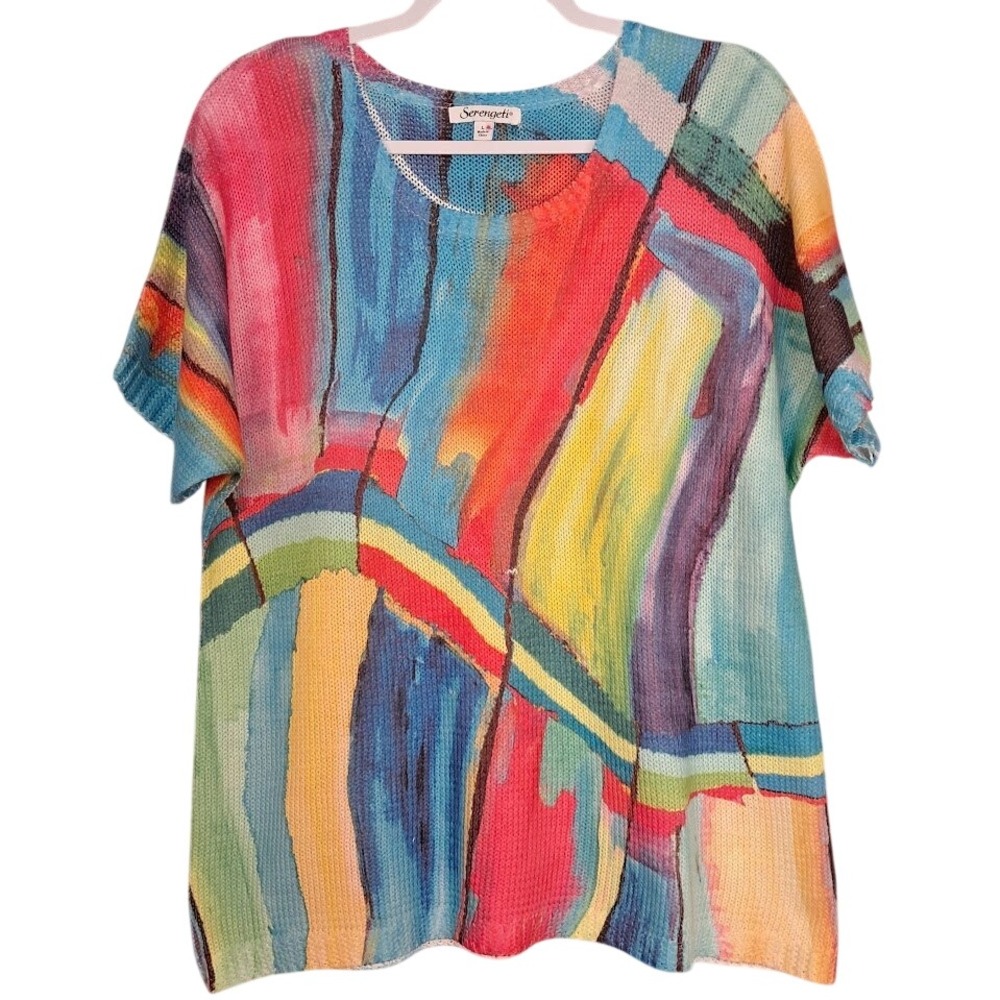SERENGETI L Watercolor Knit Top Short Sleeve Painterly Art to Wear Bright Funky - Picture 2 of 7